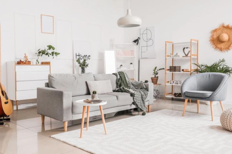 A living room with sofa, chair, coffee table and bookshelves