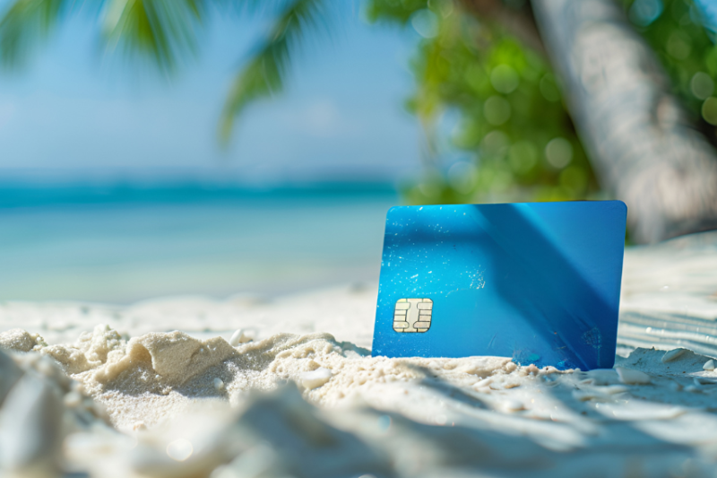 credit card standing in sand on beach