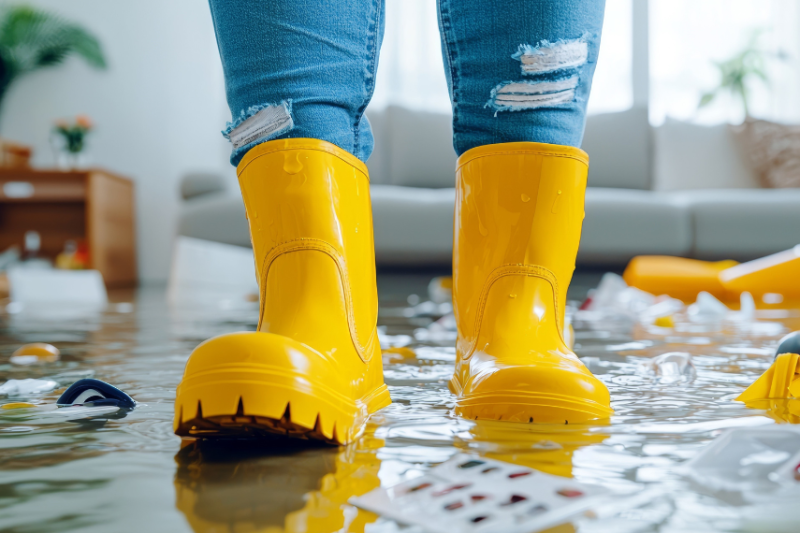 person wearing yellow wellingtons in flooded home